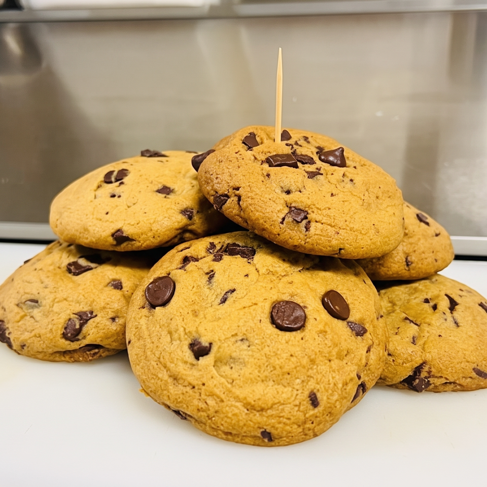 Stack of golden chocolate chip cookies on a white surface, with one cookie pierced by a wooden skewer.