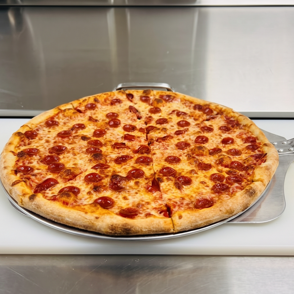 Whole pepperoni pizza with melted cheese on a metal tray, positioned beside a pizza server on a stainless-steel counter.