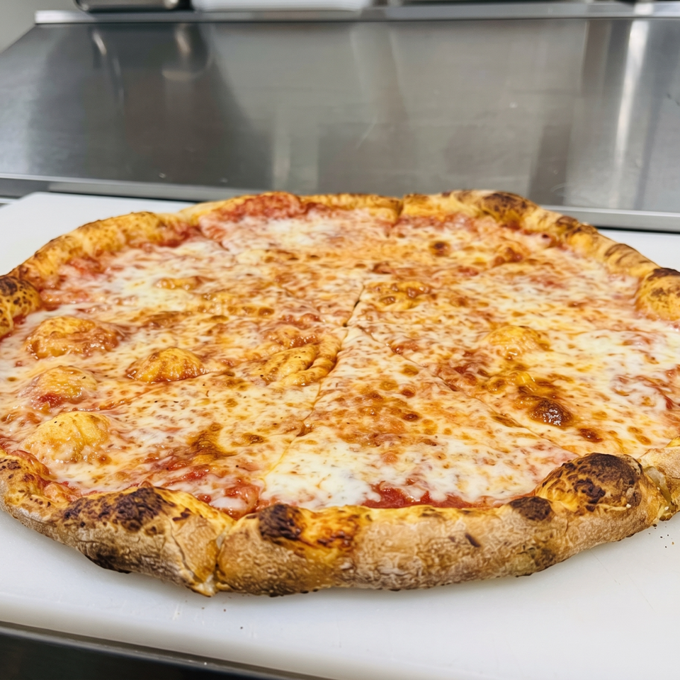 Large freshly baked cheese pizza with a charred, thick crust resting on a white counter in a restaurant kitchen.